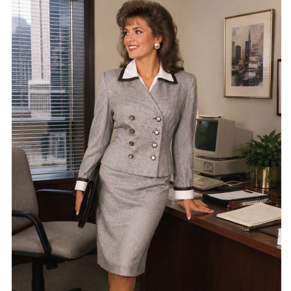 VTG 80's‎ Adolfo Grey Double Breasted Skirt Suit Contrast Collar career office